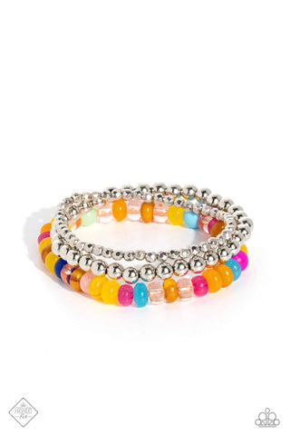 STANDOUT SENSATION - MULTI COLOR AND SILVER BEAD STRETCHY BRACELET - PAPARAZZI JUNE 2023