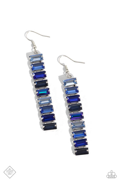 SUPERBLY STACKED - BLUE RHINESTONE BAR SILVER EARRINGS - PAPARAZZI JULY 2023