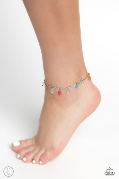 SMILEY SENSATION - MULTI PINK ORANGE SILVER BLUE SILVER ANKLET - PAPARAZZI