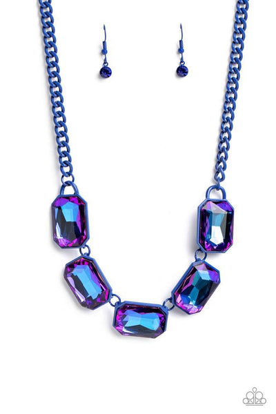 EMERALD CITY COUTURE - BLUE CHAIN PURPLE UV SHIMMER GEM SHORT NECKLACE - PAPARAZZI - LIFE OF THE PARTY JUNE 2023