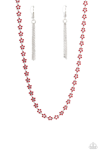 FLORAL CATWALK -RED FLOWER SILVER CHOKER NECKLACE - PAPARAZZI