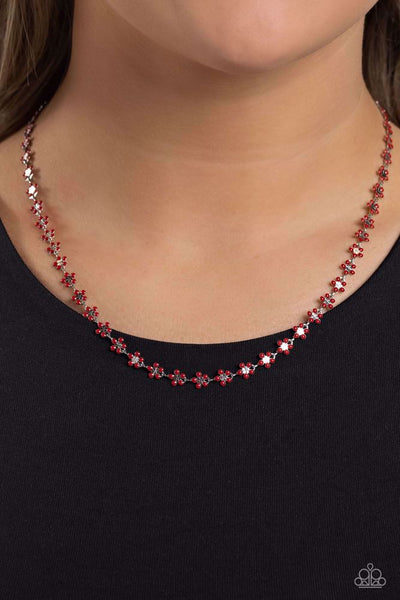 FLORAL CATWALK -RED FLOWER SILVER CHOKER NECKLACE - PAPARAZZI