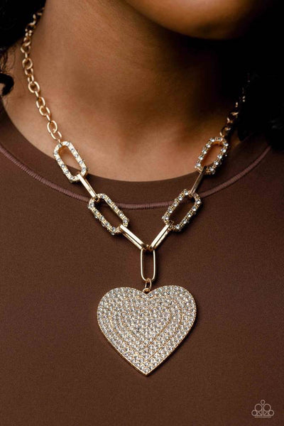 ROADSIDE ROMANCE - GOLD HEART WHITE RHINESTONE NECKLACE - PAPARAZZI LIFE OF THE PARTY APRIL 2023