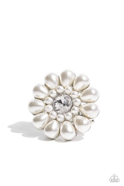 PEARL TALK - WHITE PEARL FLOWER GEM CENTER RING - PAPARAZZI - LIFE OF THE PARTY SEPTEMBER 2023