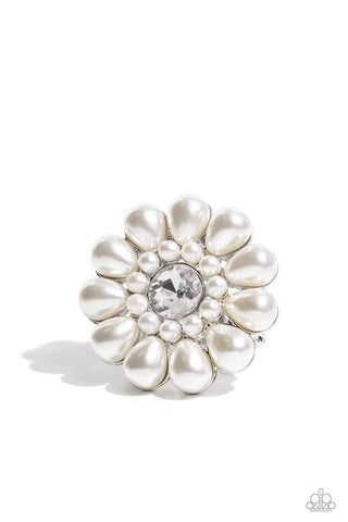 PEARL TALK - WHITE PEARL FLOWER GEM CENTER RING - PAPARAZZI - LIFE OF THE PARTY SEPTEMBER 2023
