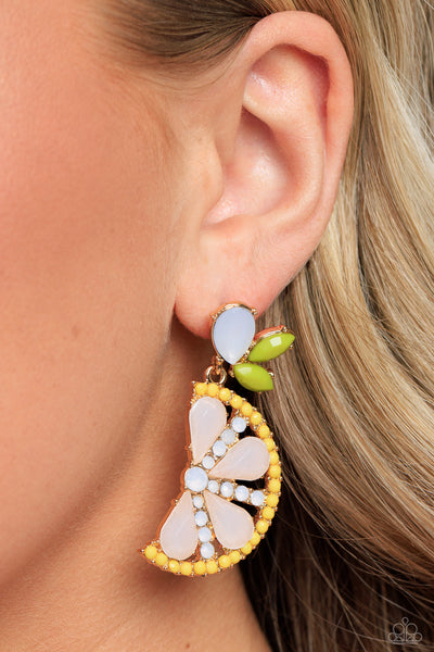 SLICE OF SUMMER - YELLOW BEAD LEMON GOLD POST EARRINGS - SUMMER PARTY PACK 2023 EXCLUSIVE - PAPARAZZI
