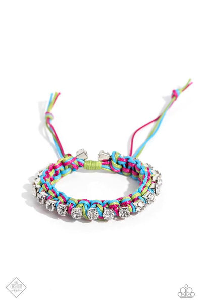 THE NEXT BIG STRING - BLUE PINK GREEN CORD WHITE RHINESTONE SILVER SLIDE BRACELET - PAPARAZZI - FASHION FIX SEPTEMBER 2023