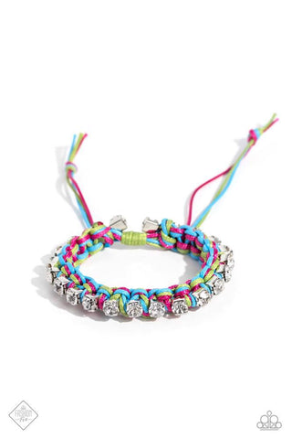 THE NEXT BIG STRING - BLUE PINK GREEN CORD WHITE RHINESTONE SILVER SLIDE BRACELET - PAPARAZZI - FASHION FIX SEPTEMBER 2023