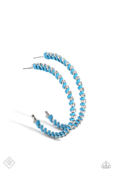 PUT A STRING ON IT - BLUE STRING WHITE RHINESTONE SILVER HOOP EARRNIGS - PAPARAZZI - FASHION FIX SEPTEMBER 2023 Regular price