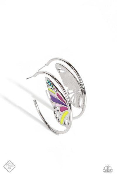 THE FLIGHT OF THE CENTURY - MULTI COLOR PINK PURPLE IRIDESCENT RHINESTONE BUTTERFLY HOOP EARRINGS - PAPARAZZI - FASHION FIX AUGUST 2023