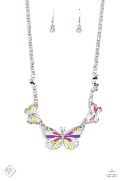 THE FLIGHT DIRECTION - MULTI IRIDESCENT RHINESTONE BUTTERFLY SILVER SHORT NECKLACE - PAPARAZZI - FASHION FIX AUGUST 2023