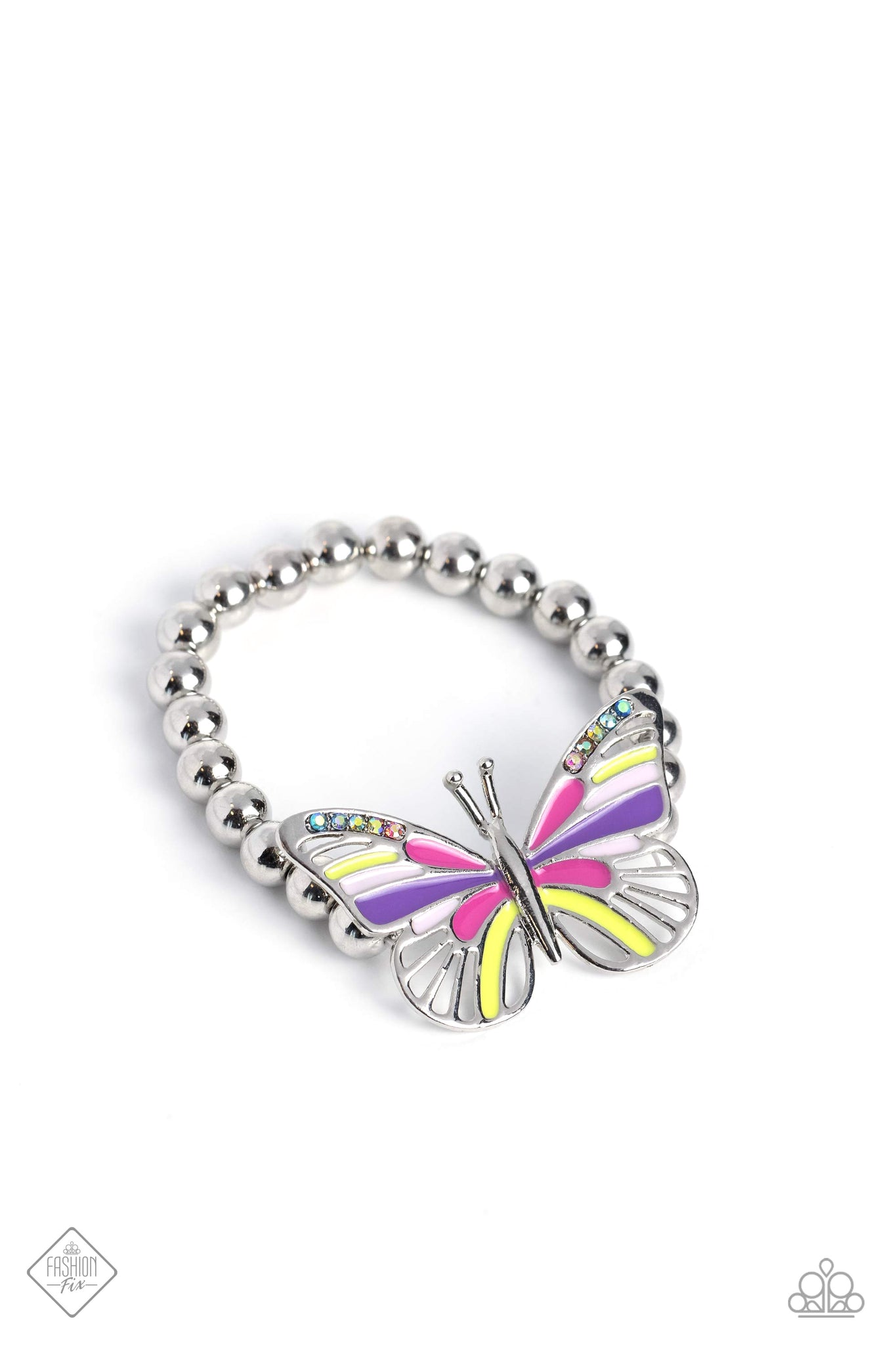 CANT FLIGHT THIS FEELING - MULTI PINK PURPLE IRIDESCENT RHINESTONE BUTTEFLY STRETCHY BRACELET - PAPARAZZI - FASHION FIX AUGUST 2023
