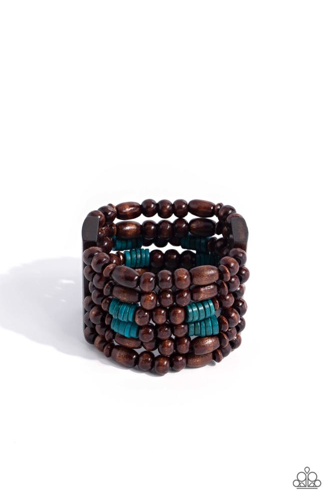 PARADISE PALAZZO - BLUE AND BROWN WOODEN BEAD STRETCHY BRACELET - PAPARAZZI