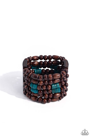 PARADISE PALAZZO - BLUE AND BROWN WOODEN BEAD STRETCHY BRACELET - PAPARAZZI