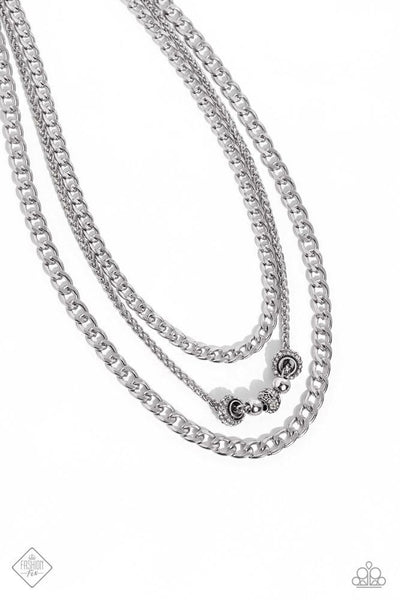 LAYERED LOYALTY - WHITE RHINESTONE SILVER CHAIN LAYERED SHORT NECKLACE - PAPARAZZI - FASHION FIX OCTOBER 2023