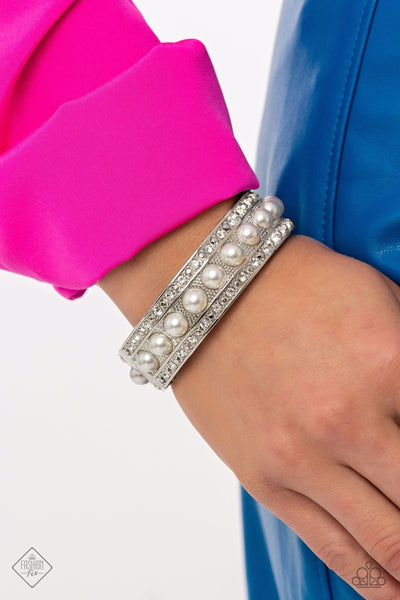 ABOUT A PEARL - WHITE PEARL SILVER HINGED BRACELET - PAPARAZZI JUNE 2023