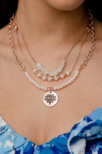 LOTUS LUXURY - ROSE GOLD FLOWER DISC WHITE STONE LAYERED SHORT NECKLACE - PAPARAZZI JUNE 2023