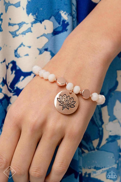 LEISURELY LOTUS - ROSE GOLD FLOWER WHITE BEAD STRETCHY BRACELET - PAPARAZZI JUNE 2023