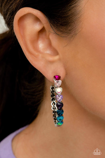 HYPNOTIC HEART ATTACK - MULTI COLOR HEART GEM SILVER HOOP EARRINGS - PAPARAZZI - LIFE OF THE PARTY JUNE 2023