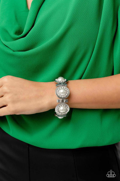 SUMMER SERENADE - WHITE PEARL RHINESTONE SILVER STRETCHY BRACELET - PAPARAZZI - LIFE OF THE PARTY JUNE 2023