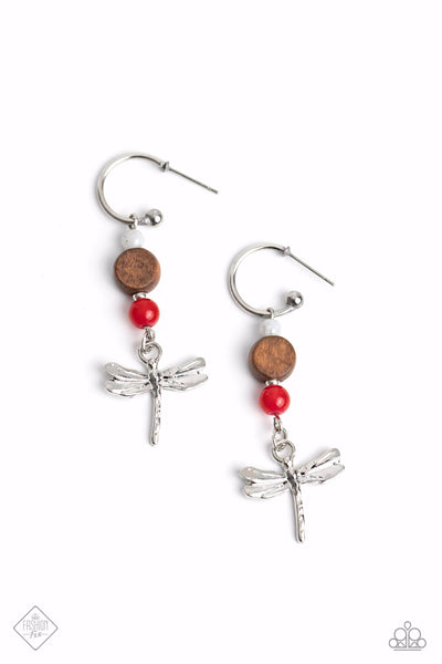 TAKE BEAD - RED STONE WOODEN BEAD SILVER DRAGONFLY EARRINGS - PAPARAZZI AUGUST 2023