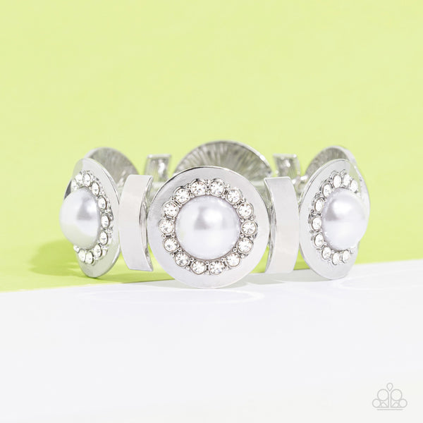 SUMMER SERENADE - WHITE PEARL RHINESTONE SILVER STRETCHY BRACELET - PAPARAZZI - LIFE OF THE PARTY JUNE 2023
