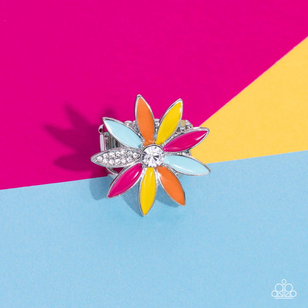 LILY LEI - MULTI COLOR PETAL WHITE GEM CENTER SILVER FLOWER RING - PAPARAZZI - LIFE OF THE PARTY JUNE 2023
