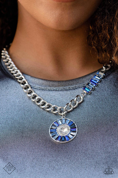 TIERED TALENT - BLUE RHINESTONE GEM SILVER SHORT NECKLACE - PAPARAZZI JULY 2023