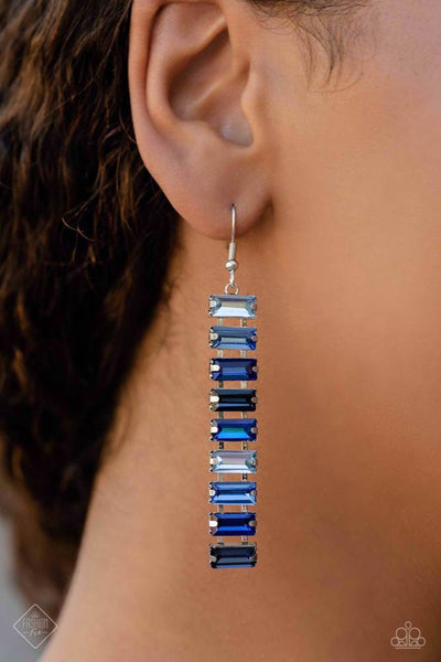SUPERBLY STACKED - BLUE RHINESTONE BAR SILVER EARRINGS - PAPARAZZI JULY 2023