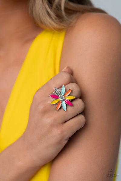 LILY LEI - MULTI COLOR PETAL WHITE GEM CENTER SILVER FLOWER RING - PAPARAZZI - LIFE OF THE PARTY JUNE 2023