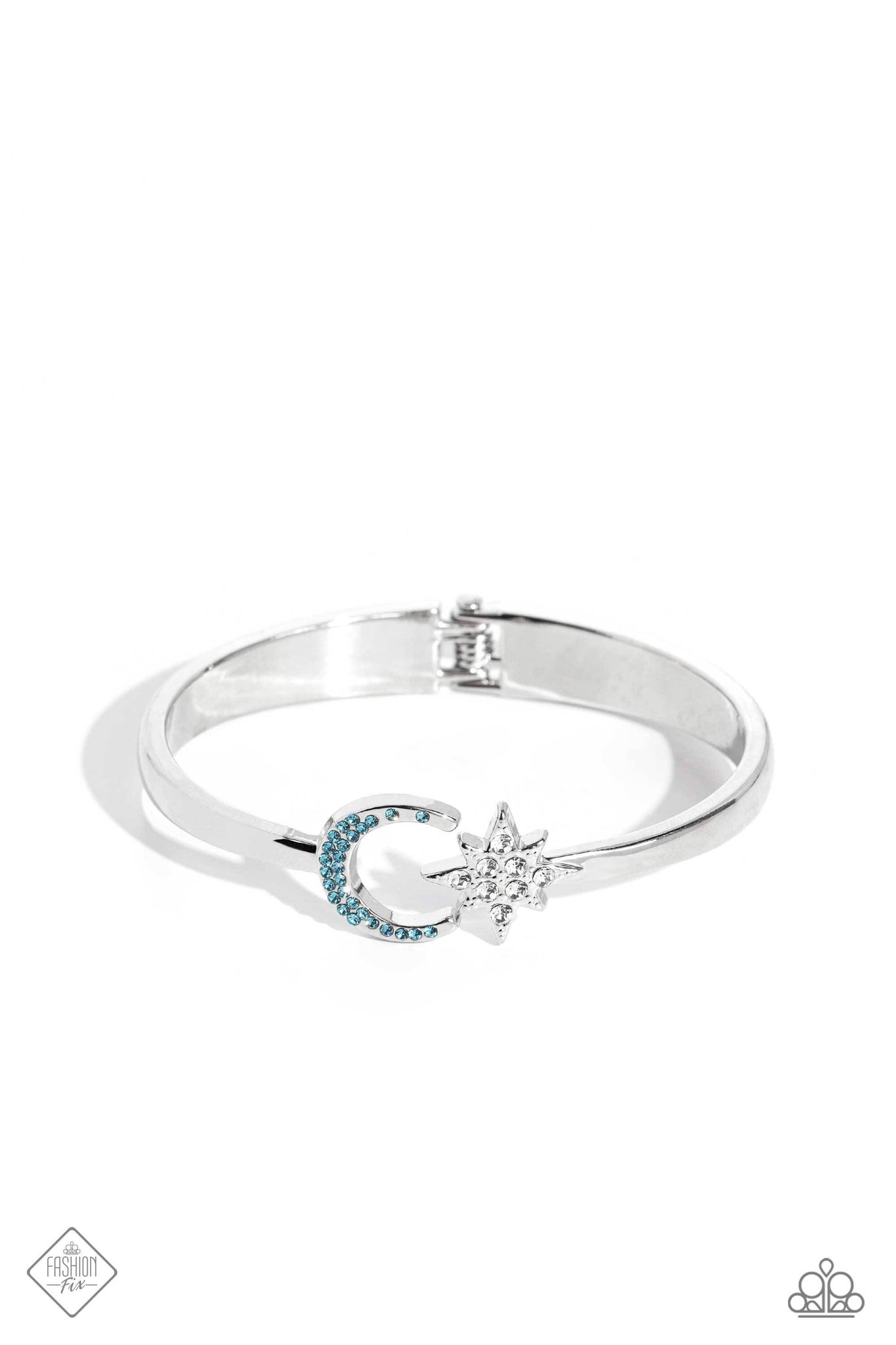ASTRAL ARRANGEMENT - BLUE RHINESTONE SILVER MOON AND STAR HINGED BRACELET - PAPARAZZI - FASHION FIX AUGUST 2023