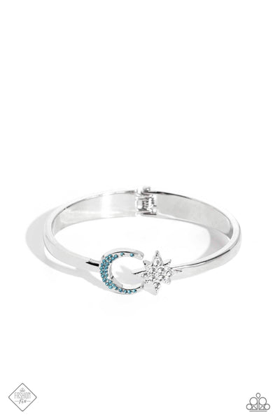 ASTRAL ARRANGEMENT - BLUE RHINESTONE SILVER MOON AND STAR HINGED BRACELET - PAPARAZZI - FASHION FIX AUGUST 2023