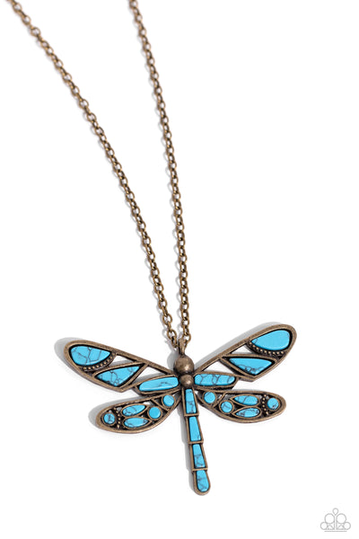 FLYING LOW - BRASS TURQUOISE STONE DRAGONFLY LONG NECKLACE - 2023 CONVENTION EXCLUSIVE - PAPARAZZI