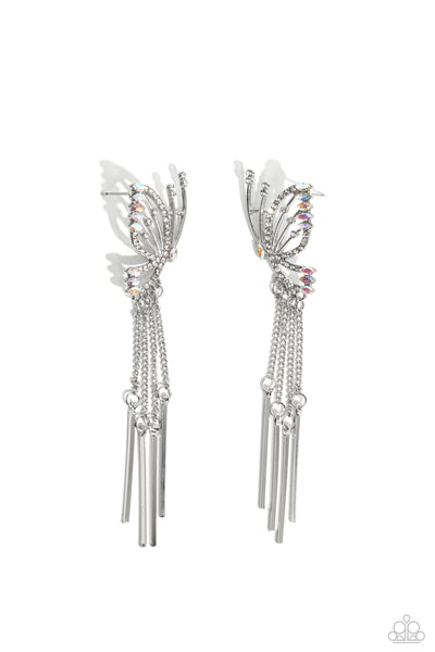 A FEW OF MY FAVORITE WINGS - WHITE IRIDESCENT RHINESTONE SILVER BUTTERFLY POST EARRINGS - 2023 CONVENTION EXCLUSIVE - PAPARAZZI