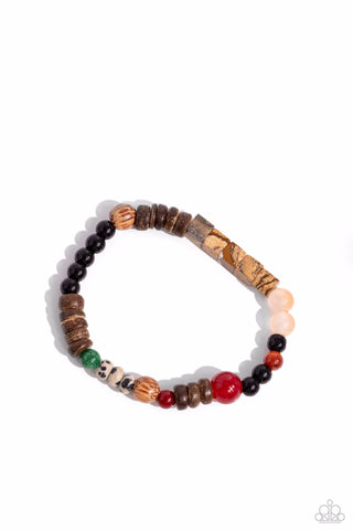 I WOOD BE SO LUCKY - ORANGE AND BLACK STONE ACRYLIC AND WOOD URBAN STRETCHY BRACELET - 2023 CONVENTION EXCLUSIVE - PAPARAZZI