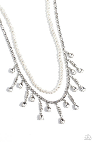 LESSONS IN LUXURY - WHITE RHINESTONE SILVER LAYERED SHORT NECKLACE - 2023 CONVENTION EXCLUSIVE - PAPARAZZI
