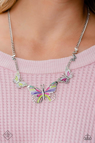 THE FLIGHT DIRECTION - MULTI IRIDESCENT RHINESTONE BUTTERFLY SILVER SHORT NECKLACE - PAPARAZZI - FASHION FIX AUGUST 2023
