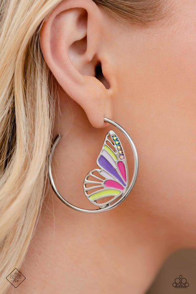 THE FLIGHT OF THE CENTURY - MULTI COLOR PINK PURPLE IRIDESCENT RHINESTONE BUTTERFLY HOOP EARRINGS - PAPARAZZI - FASHION FIX AUGUST 2023