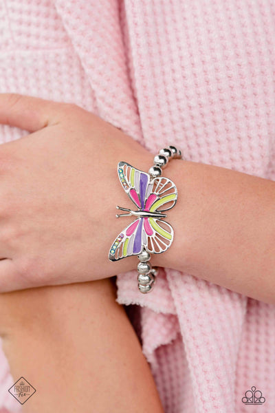 CANT FLIGHT THIS FEELING - MULTI PINK PURPLE IRIDESCENT RHINESTONE BUTTEFLY STRETCHY BRACELET - PAPARAZZI - FASHION FIX AUGUST 2023