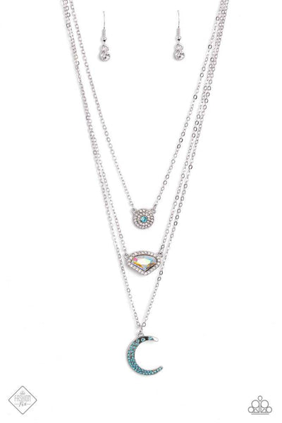 LUNAR LINEUP - BLUE RHINESTONE IRIDESCENT GEM SILVER LAYERED SHORT NECKLACE - PAPARAZZI - FASHION FIX AUGUST 2023