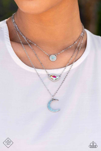LUNAR LINEUP - BLUE RHINESTONE IRIDESCENT GEM SILVER LAYERED SHORT NECKLACE - PAPARAZZI - FASHION FIX AUGUST 2023