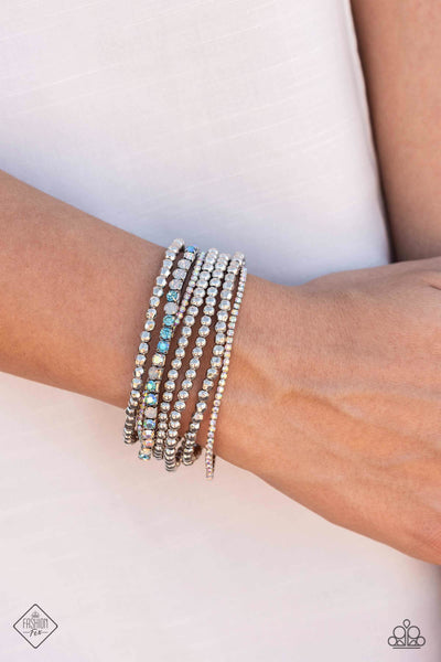 STELLAR SEQUENCE - BLUE IRIDESCENT RHINESTONE SILVER STRETCHY BRACELET SET - PAPARAZZI - FASHION FIX AUGUST 2023