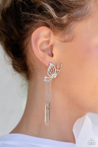 A FEW OF MY FAVORITE WINGS - WHITE IRIDESCENT RHINESTONE SILVER BUTTERFLY POST EARRINGS - 2023 CONVENTION EXCLUSIVE - PAPARAZZI