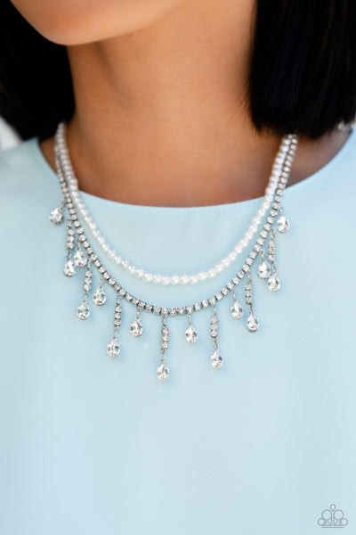 LESSONS IN LUXURY - WHITE RHINESTONE SILVER LAYERED SHORT NECKLACE - 2023 CONVENTION EXCLUSIVE - PAPARAZZI