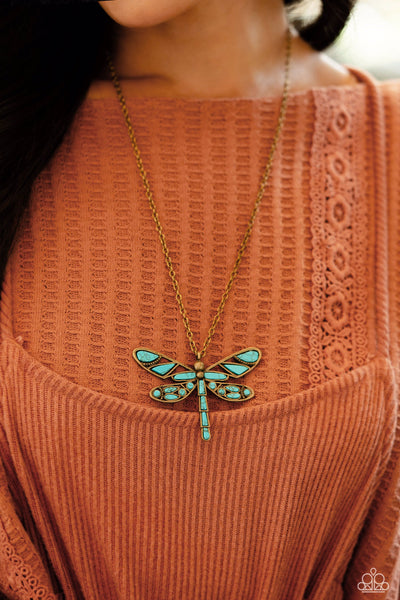 FLYING LOW - BRASS TURQUOISE STONE DRAGONFLY LONG NECKLACE - 2023 CONVENTION EXCLUSIVE - PAPARAZZI