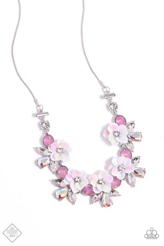 ETHEREALLY ENAMORED - MULTI IRIDESCENT GEM PINK FLOWER SILVER SHORT NECKLACE - PAPARAZZI SEPTEMBER 2023