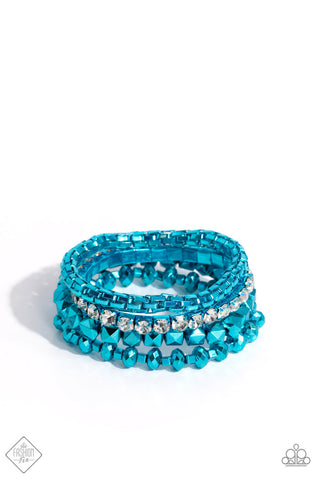 PUNK PATTERN - BLUE METALLIC BEAD WHITE RHINESTONE STRETCHY BRACELET SET - PAPARAZZI - FASHION FIX DECEMBER 2023 FASHION FIX