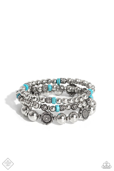 GARDEN PARTY PASSION - BLUE TURQUOISE SILVER STRETCHY BRACELET SET - PAPARAZZI - FASHION FIX NOVEMBER 2023