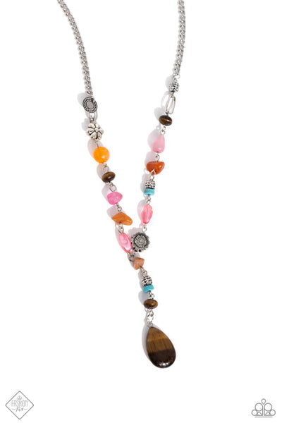 GARDEN PARTY PRIZE - BROWN COLORFUL STONE SILVER Y SHORT NECKLACE - PAPARAZZI NOVEMBER 2023