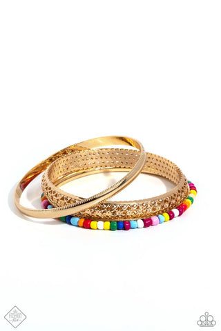MULTICOLORED MEDLEY - GOLD COLORFUL SEED BEAD BANGLE BRACELET SET - PAPARAZZI - FASHION FIX DECEMBER 2023 FASHION FIX